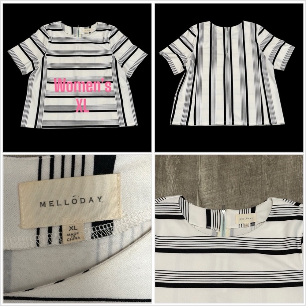 Women’s Melloday XL Crew Neck Short Sleeve Shirt Top White Black Striped Zipper